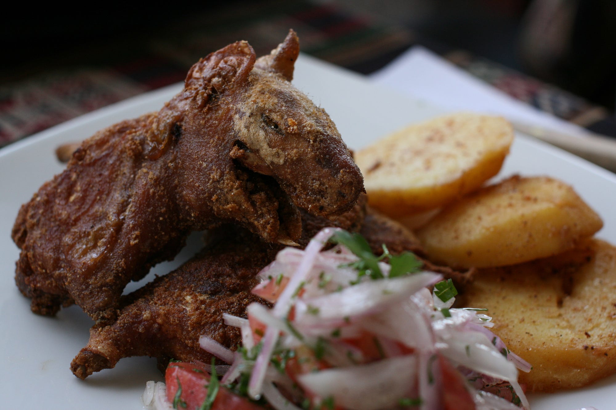 Cuy is a traditional delicacy in Peru. Essentially it is a guinea pig that is either roasted or crispy deep fried. Needless to say we had to give it a taste… and it will forever remain in the “only try once” basket.