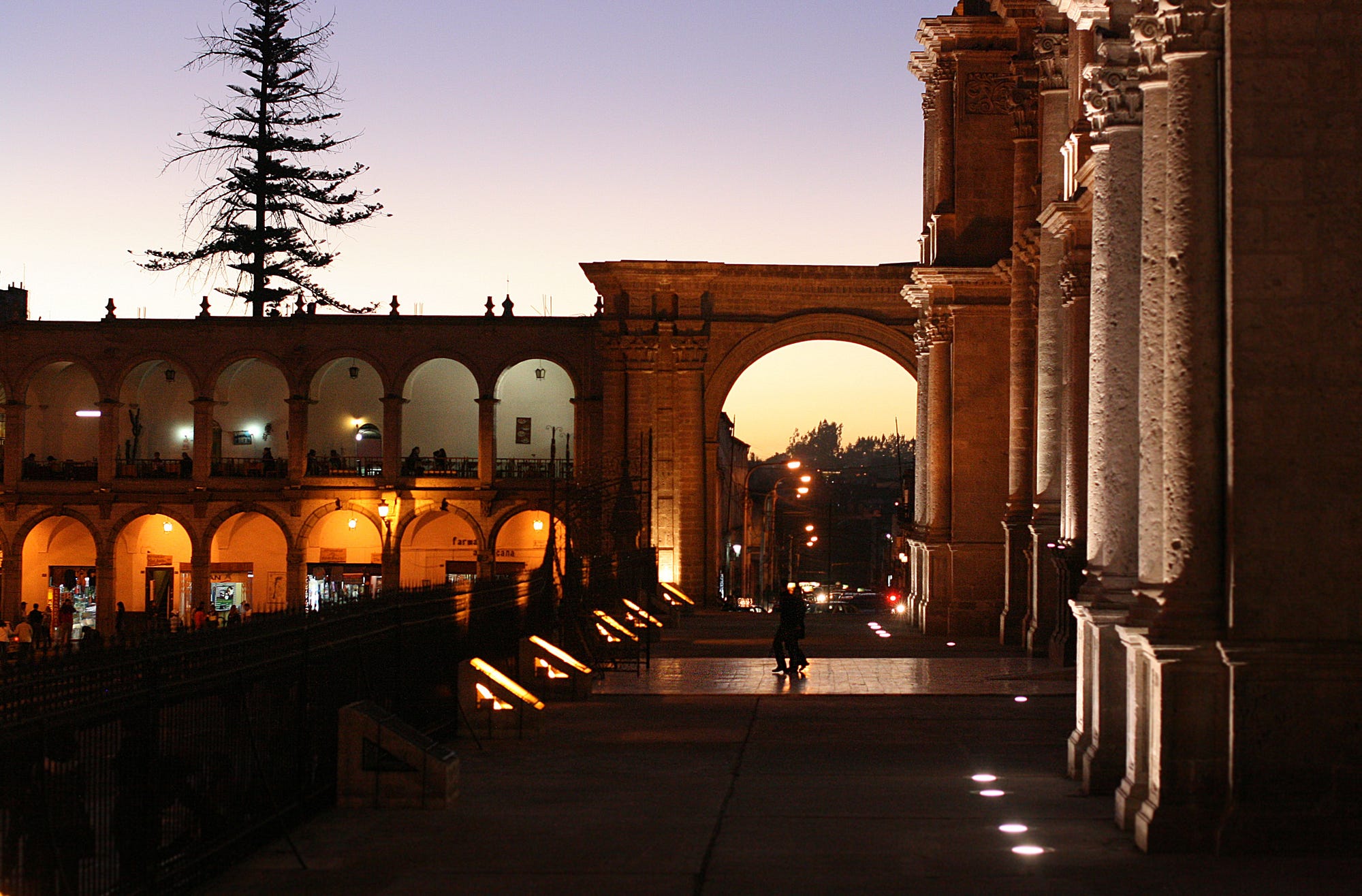 Looking across the Basilica Cathedral of Arequipa at dusk