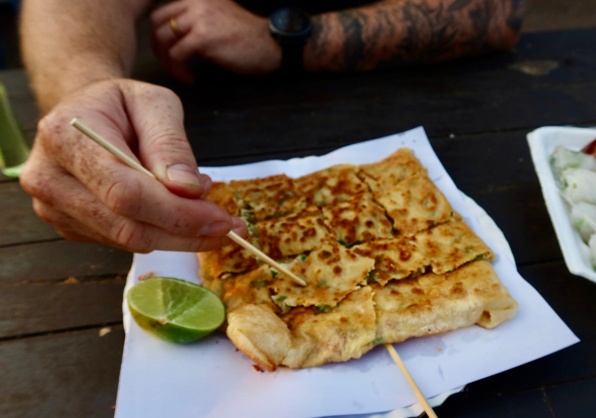 Tyce has been hunting down every roti variant we could find since landing in Singapore and this Indian version stuffed with chicken and herbs from the night market in Luang Prabang did not disappoint