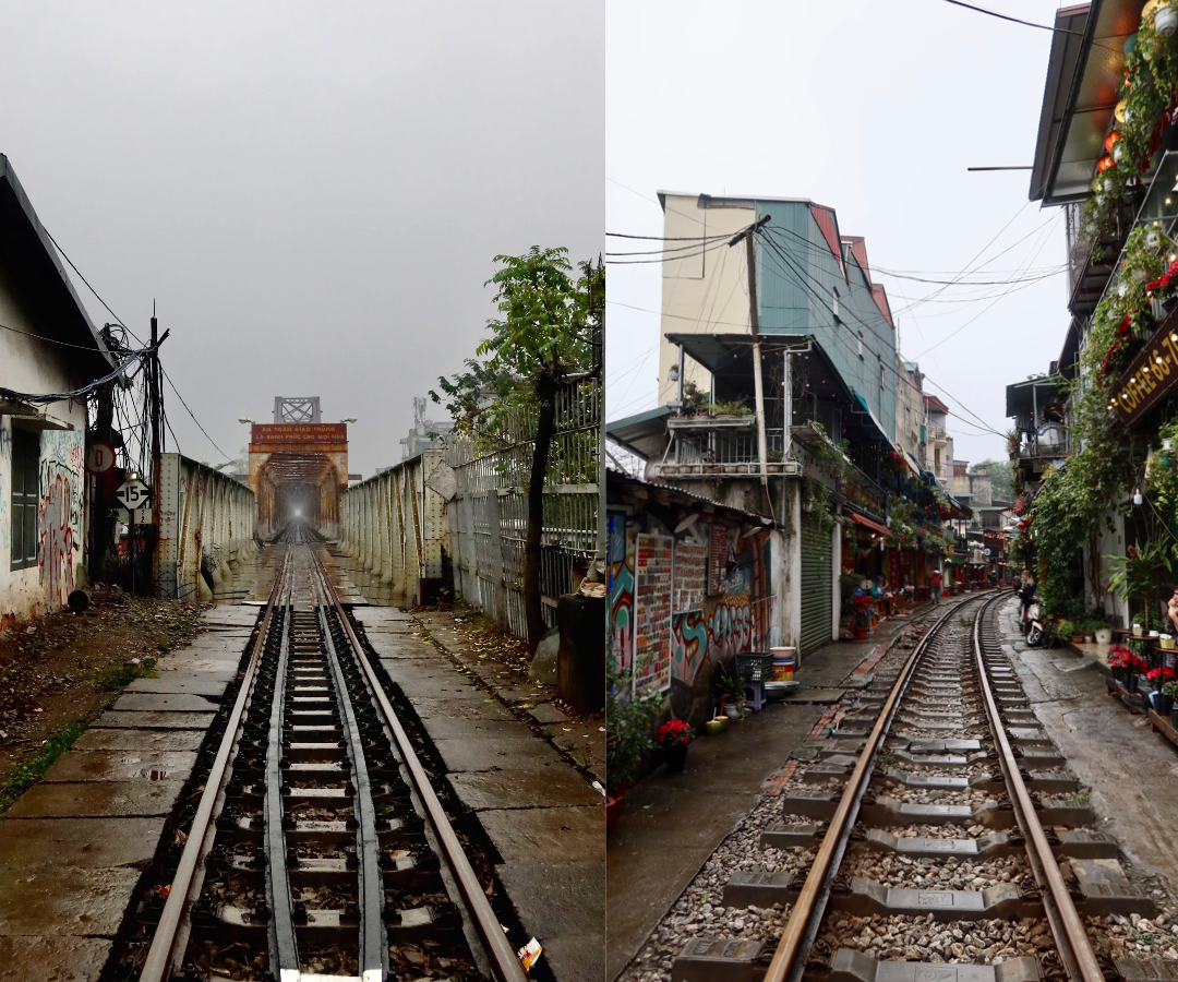 Left: on a walking tour with some new traveler friends we came across this misty train bridge leading out of the city. Right: we returned to Train Street during a quieter time on a different day for this much more peaceful shot